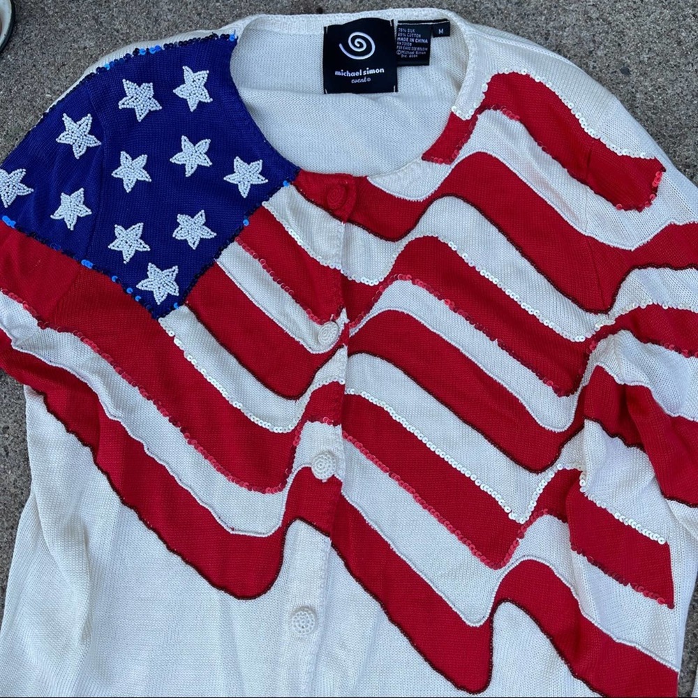 Michael Simon Cardigan American Flag Beaded Sequin Silk Sweater Size Medium VTG - Picture 2 of 8